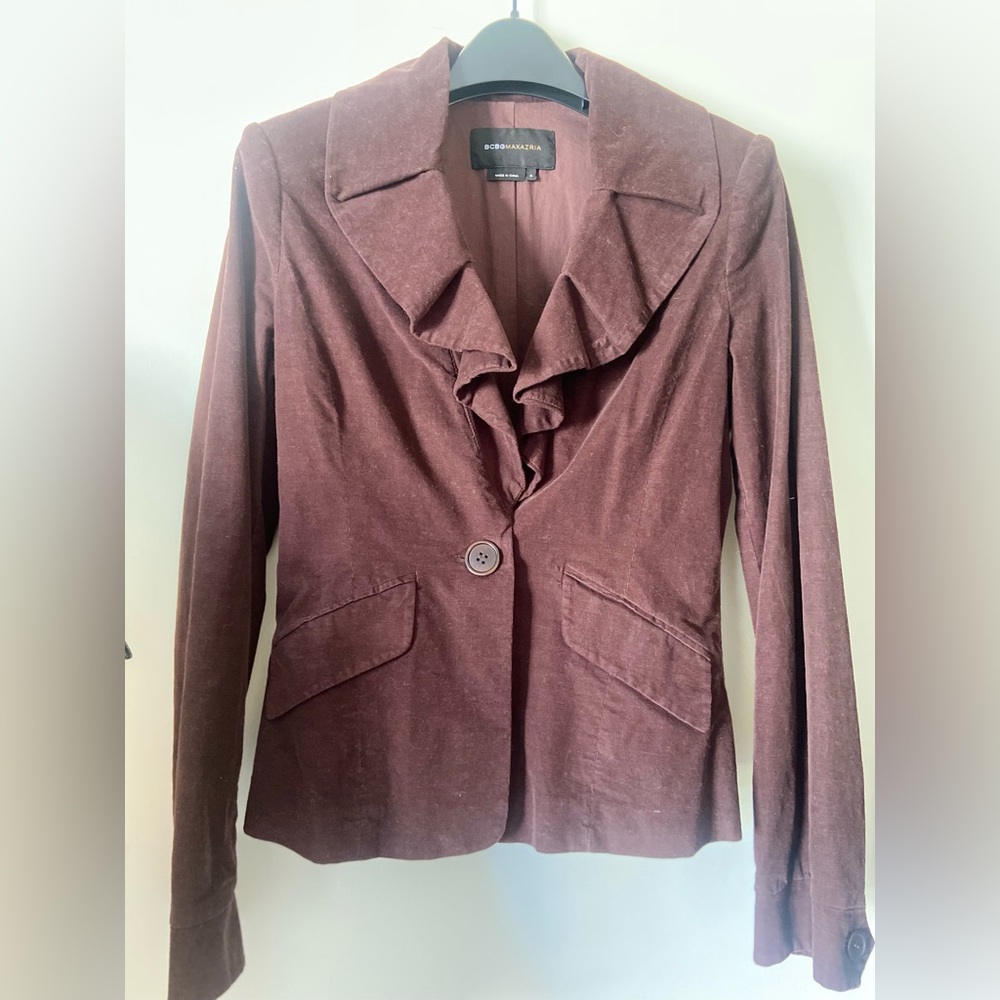 BCBG Maxazria Brown Jacket Blazer Ruffle Collar Lined Tailored Fit
